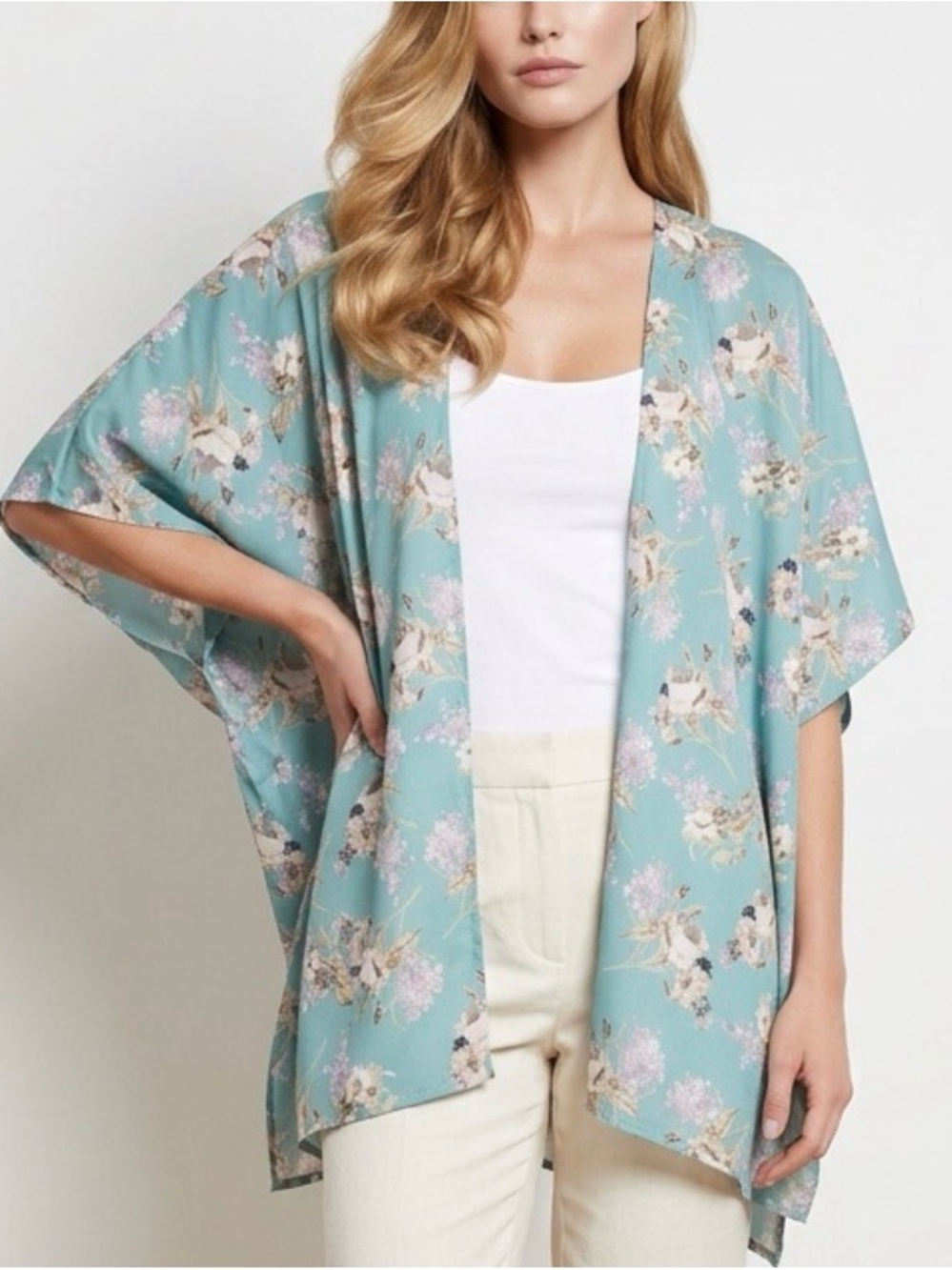 Floral Open-Front Kimono jacket in Aqua